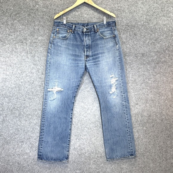 Levi's Other - Levis 501 Jeans Mens 36x30 Light Blue Denim Straight Leg Button Fly Distressed